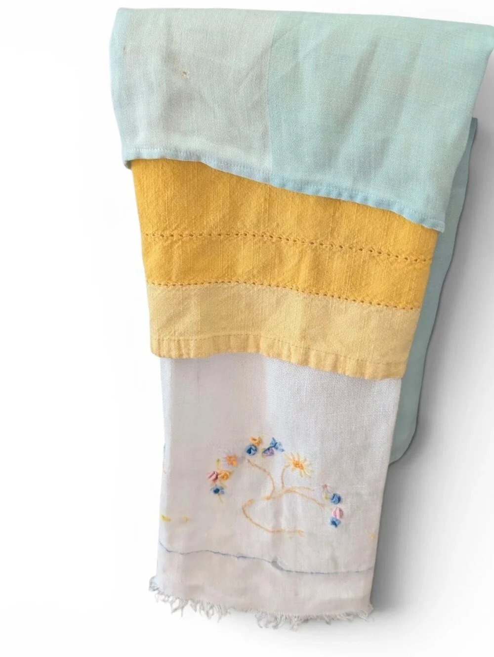 VINTAGE Embroidered Linen Tea Towels Cream Yellow Aqua 3-Set Lot